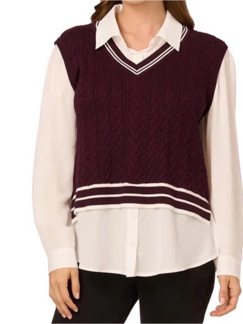 Adrianna Papell Cable Knit V-Neck Sweater Vest in Plum with White Trim